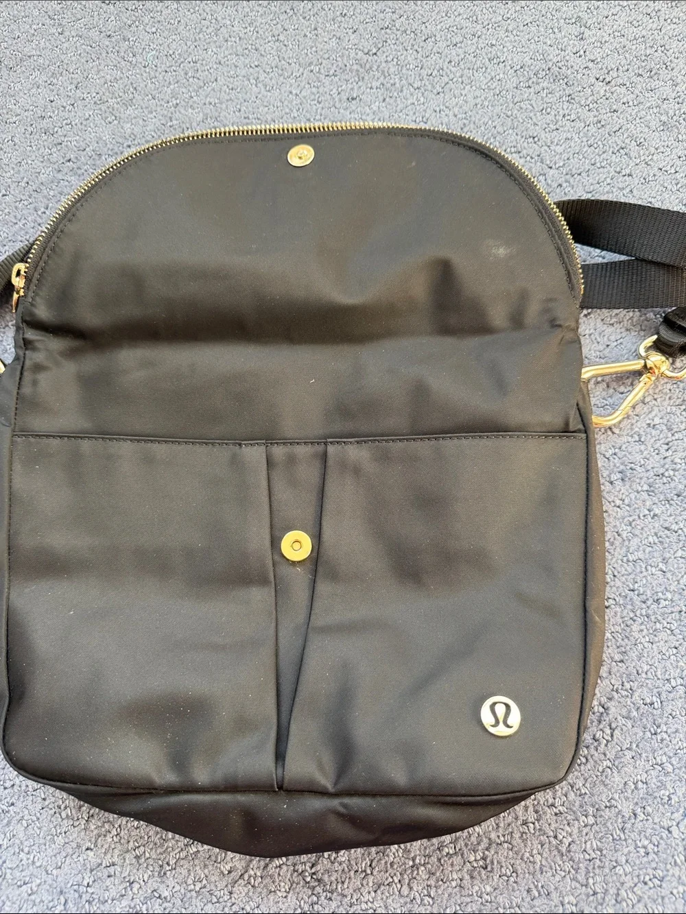 lululemon athletica black crossbody bag with gold hardware